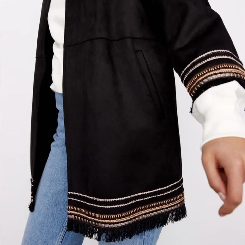ZARA Combination Faux Suede Embroidered Fringe Hem Jacket Black